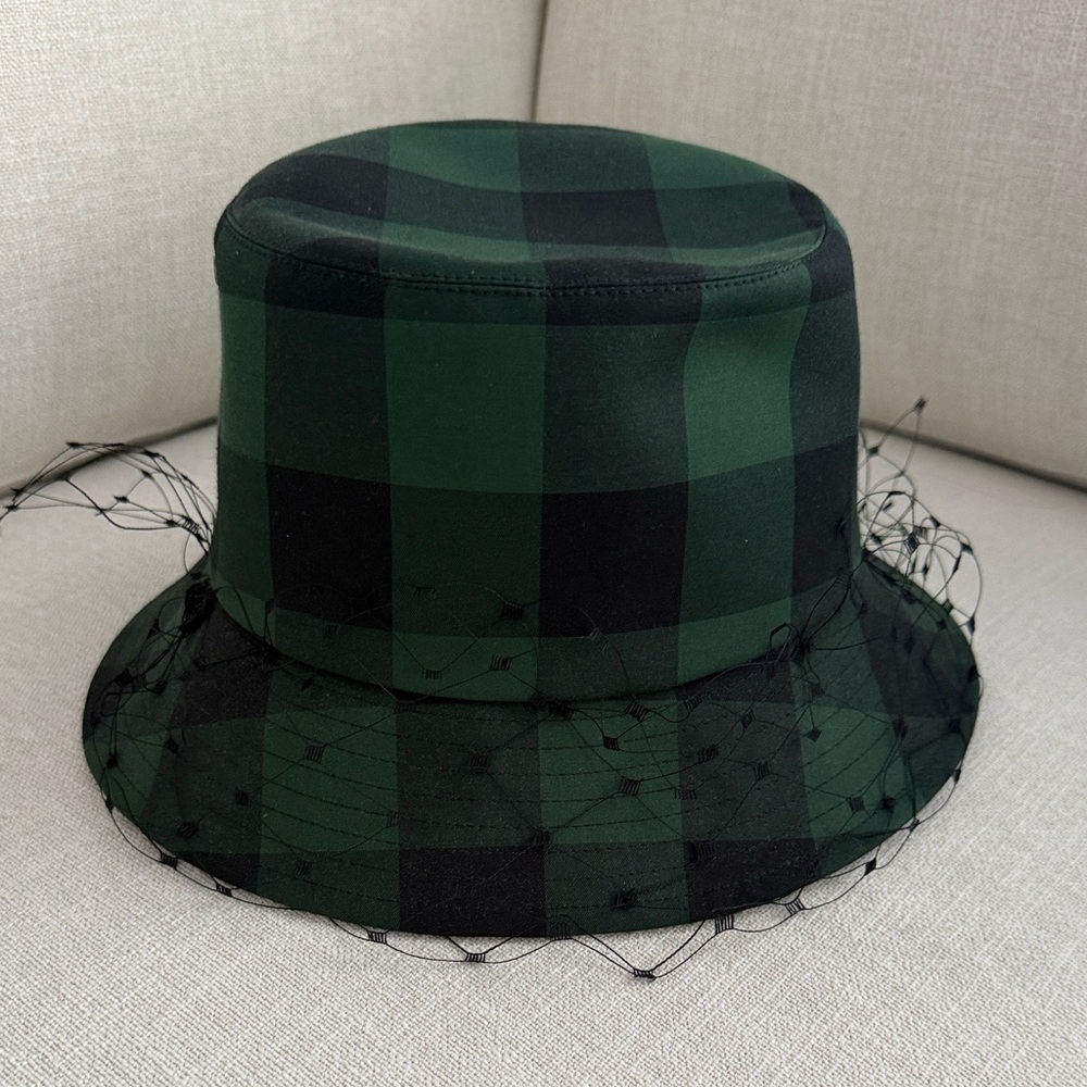 New Dior green and black check Patterned Bucket Hat with veil